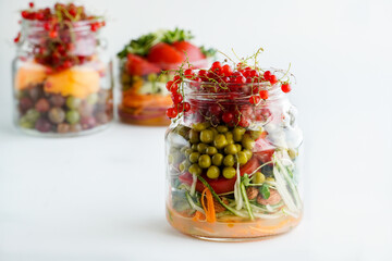 A snack of raw vegetables in a glass. Vegetarian snack options on the go