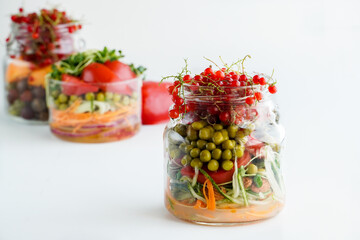 A snack of raw vegetables in a glass. Vegetarian snack options on the go