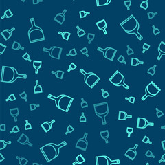 Green line Dustpan icon isolated seamless pattern on blue background. Cleaning scoop services. Vector