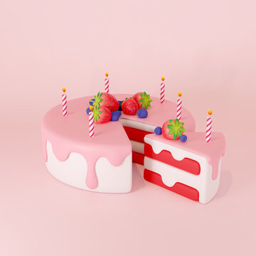 Cake with strawberry on a pink background. 3d render