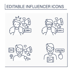Influencer line icons set. Share information, knowledge, thoughts on audiences. Influencer advertising, marketing, sponsorship. Blogging concept. Isolated vector illustration. Editable stroke