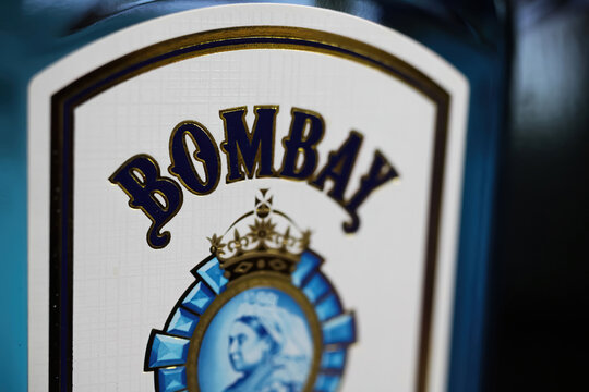 Viersen, Germany - May 9. 2021: Closeup of bottle label with logo lettering of bombay sapphire london dry gin
