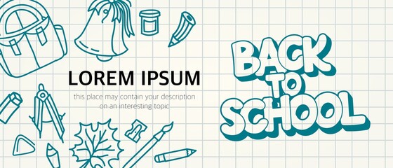 A banner on a school theme on a notebook sheet in a cage. The inscription back to school, a place for your text. Vector illustration.