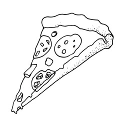 hand drawn slice of pizza illustration in doodle style