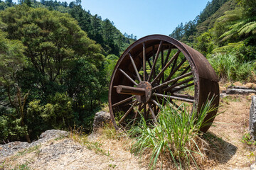 Remains of an old stamping battery in Karangahake of the past gold rush time, Coromandel peninsula in New Zealand