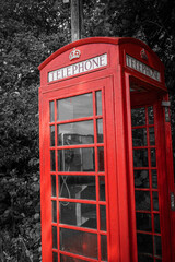 Fototapeta premium Traditional old red telephone box, selective color, close-up. Vintage British phone booth on black and white tree background.