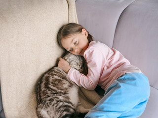 Adorable, cute, smiling girl hugging Scottish gray cat on the sofa at home. Pets, friendship, home, happiness concept 