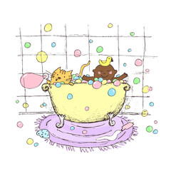 Children's funny color hand-drawn illustration.The boy is washed in a bath with a cat and soap bubbles. Bathroom. Cheerful child. Didgital jpg print for gift a card, magazine, T-shirt, poster