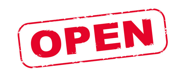 Red rubber stamp with the word: OPEN, isolated on white background