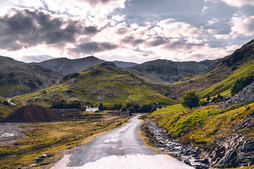 Lake District, landscape, mountain road, white house 