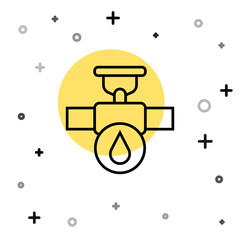 Black line Industry metallic pipe and valve icon isolated on white background. Random dynamic shapes. Vector