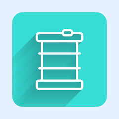 White line Radioactive waste in barrel icon isolated with long shadow background. Toxic refuse keg. Radioactive garbage emissions, environmental pollution. Green square button. Vector