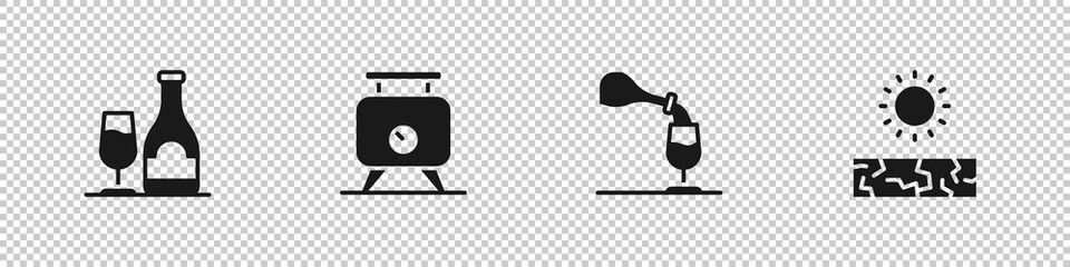 Set Wine bottle with glass, Fermentation of grapes, tasting, degustation and Drought icon. Vector