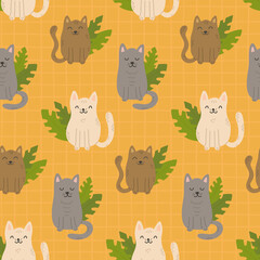 Seamless yellow pattern background cats and leaves