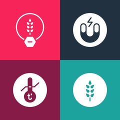 Set pop art Wheat, Meteorology thermometer, Magnet and Gluten free grain icon. Vector