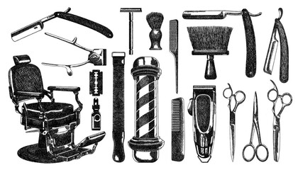 Set of vintage Barbershop hand drawn vector, Vector engraving style, Hand draw Illustration, Barbershop tools and accessories, razor, comb, scissors, brush, Shears, Hair Clippers, Barber Chair - obrazy, fototapety, plakaty