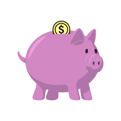 Piggy bank with a coin. Color vector illustration of a flat style. White isolated background.
