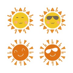 Sun cute sticker with a round shape and yellow and red color. Cute sun with smiling face and cool sunglasses. Sunray coming out from sun vector design. Sun vector social media sticker collection.