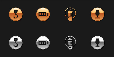 Set Industrial hook, Battery, Trash can and Fragile broken glass icon. Vector