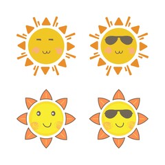 Sun sticker with a round shape and yellow, orange color. Cute sun with smiling face and cool sunglasses. Red sunray coming out from sun vector design. Sun vector social media sticker collection.