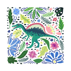 Naklejka na ściany i meble Spinosaurus emerald, prehistoric dinosaurs collection. Ancient animals. Hand drawn. In a frame of flowers and leave