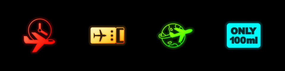 Set Flight time, Airline ticket, Globe with flying plane and Liquids carry-on baggage icon. Vector