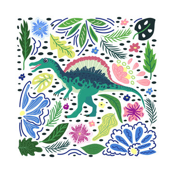 Spinosaurus emerald, prehistoric dinosaurs collection. Ancient animals. Hand drawn. In a frame of flowers and leave © MichiruKayo