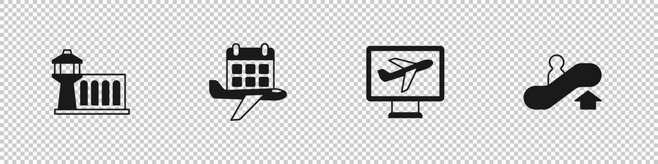 Set Airport control tower, Calendar and airplane, Plane and Escalator up icon. Vector