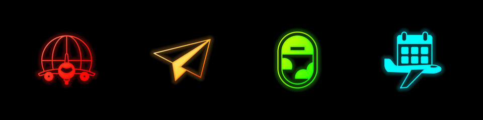 Set Globe with flying plane, Paper airplane, Airplane window and Calendar and icon. Vector