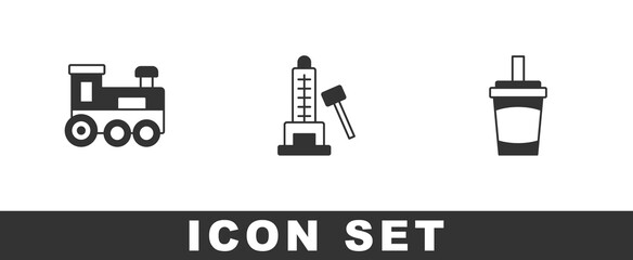 Set Toy train, Striker attraction with hammer and Paper glass water icon. Vector