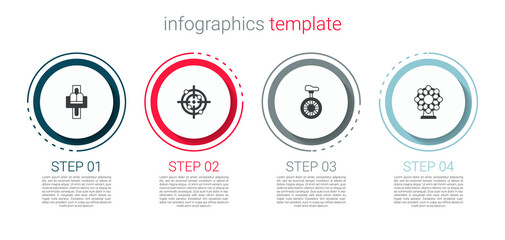 Set Attraction carousel, Target sport, Unicycle one wheel bicycle and Ferris. Business infographic template. Vector © Kostiantyn