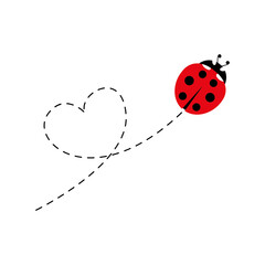 Cute ladybird with dotted line route. Cartoon ladybug flying in heart shape. Vector illustration isolated on white	
