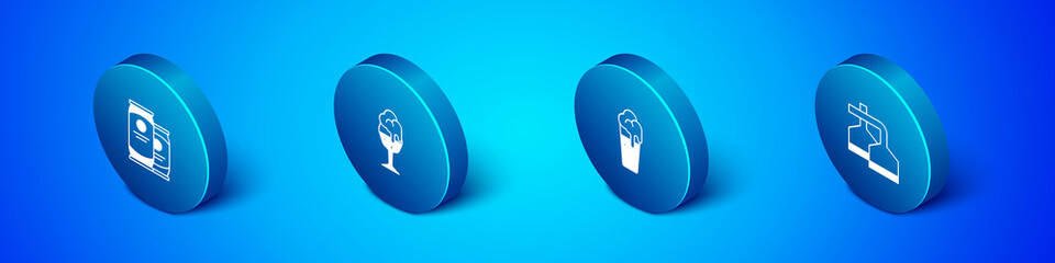 Set Isometric Beer can, Glass of beer, brewing process and icon. Vector