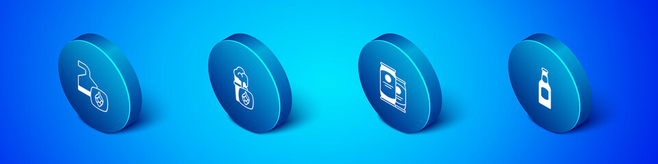 Set Isometric Beer brewing process, can, bottle and Glass of beer icon. Vector