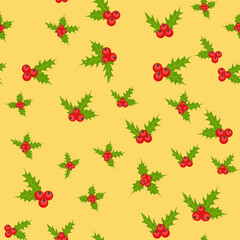 Seamless Christmas Pattern with Mistletoe, Spruce Branches, Green Leaves and Berries.