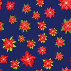 Fototapeta na wymiar Seamless pattern with hand drawn poinsettia flowers and floral branches and berries, mistletoe, christmas florals.