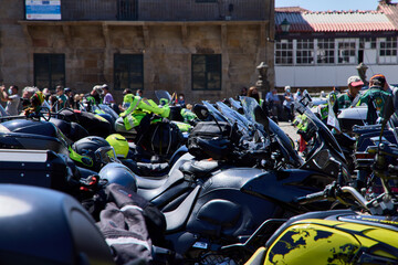 Concentration of motorcyclists. Motorcycles and helmets of different classes
