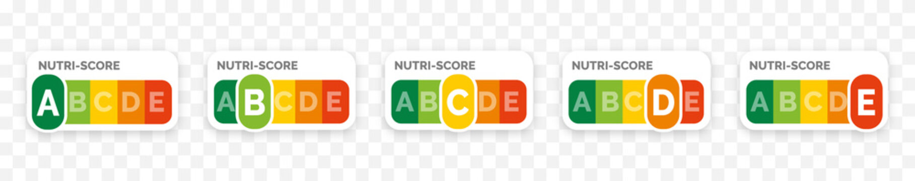 Nutri-score icons set. Isolatad Nutriscore stickers for packaging on white background. Food rating system signs : A, B, C, D, E. Vector illustration.