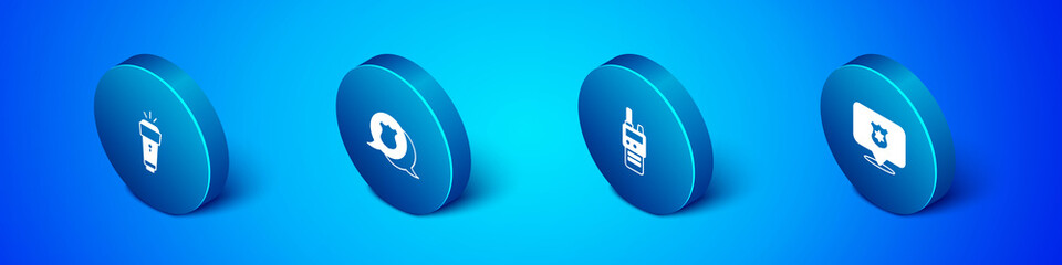 Set Isometric Flashlight, Walkie talkie, Police badge and icon. Vector