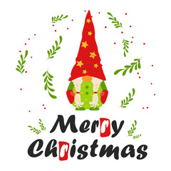 Christmas card with gnomes, Flat design. Card for winter holidays.