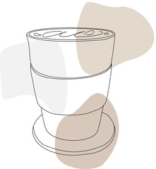 Coffee cup filled with beverage. Line art with abstract color spots.
