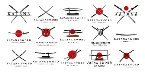 Fotobehang set of katana sword logo vintage vector illustration concept template icon design. bundle collection japanese sword of katana retro with mask of samurai and modern concept vector illustration design © zyxroun