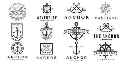 set of nautical or marine logo vector illustration template icon design. bundle collection of various navy logo anchor ship steering wheel line art and vintage style badge and isolated logo