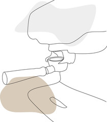 Manual coffee machine and filter holder. Line art with abstract color spots.