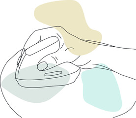 Hand using a vertical computer mouse on the pad. Vector hand-drawn line art with abstract color spots.