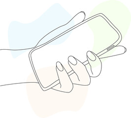 Hand holding the smartphone mockup. Line hand-drawn art with abstract color spots.