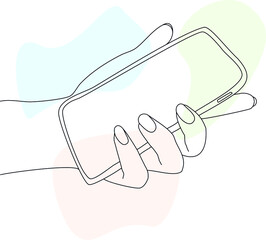 Hand holding the smartphone mockup. Vector line hand-drawn art with abstract color spots.