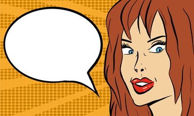 Drawing of the women in retro pop style. There is an empty place for some phrases.