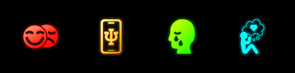 Set Comedy and tragedy masks, Psychologist online, Man graves funeral sorrow and Head with heart icon. Vector