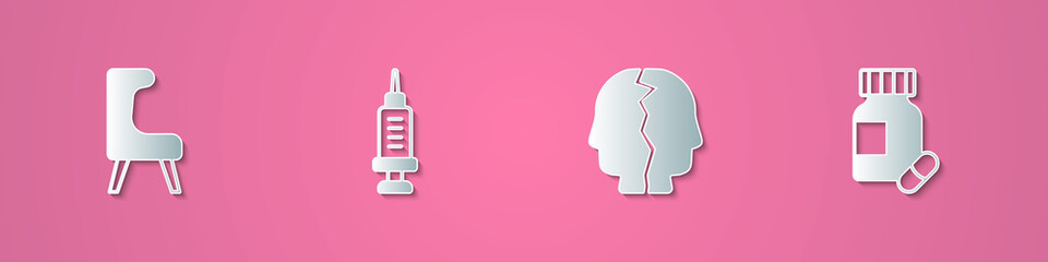 Set paper cut Armchair, Addiction to the drug, Bipolar disorder and Sedative pills icon. Paper art style. Vector